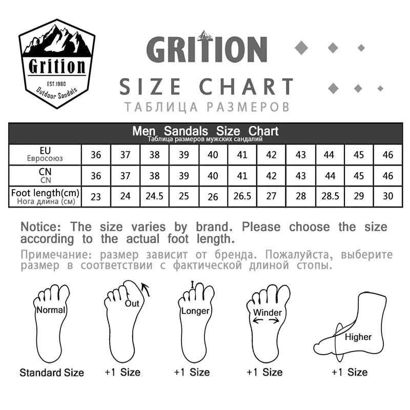 GRITION Men Summer Sport Sandals Outdoor Non Slip Comfortable Adjustable Breathable New Fashion Slippers Flat Shoes Black